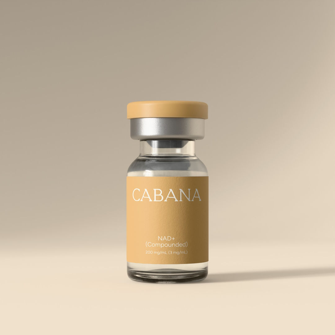 Cabana NAD+ Compounded injectable vial, 100mg/mL, in a glass bottle with gold label