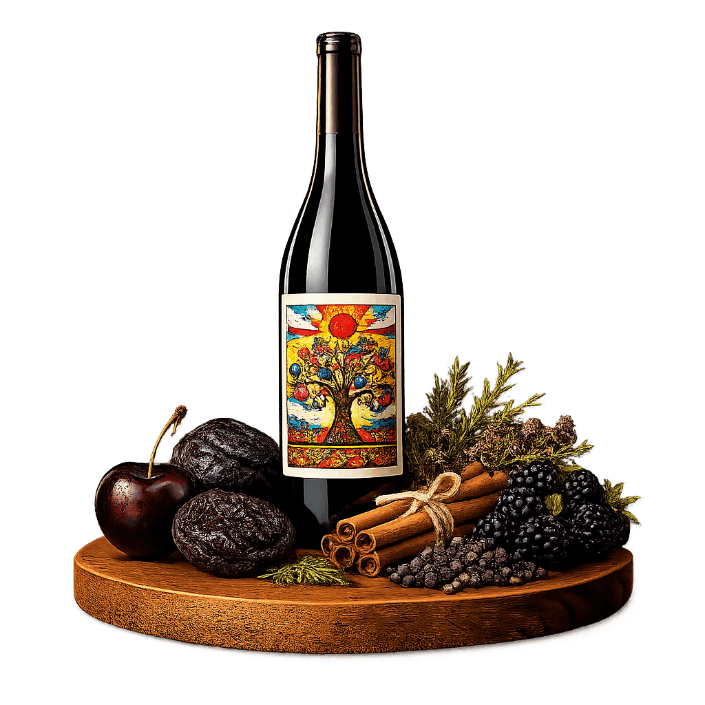 Artistic label and flavor profile for Stefan Voda Feteasca Neagra on a rustic wooden table.