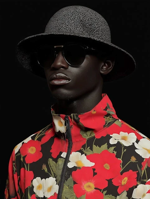 fashion photography portrait of a young black man wearing a bright floral windbreaker hat and sunglasses