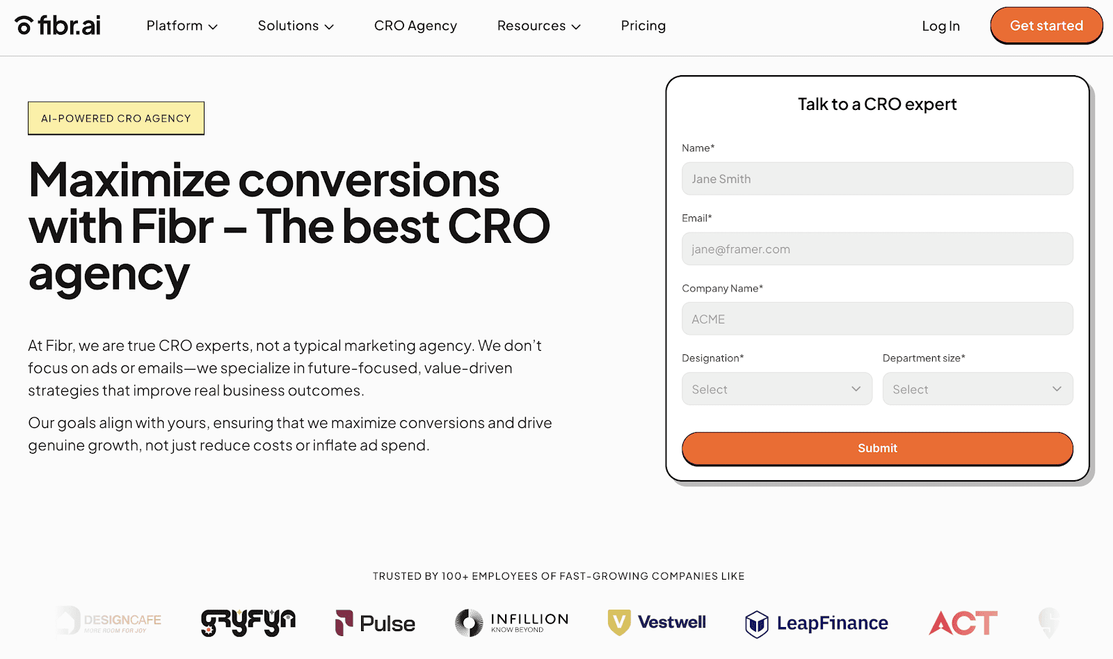 Screenshot of Fibr.ai's website, a leading player among conversion rate optimisation companies, showcasing their CRO services with a contact form and client company logos