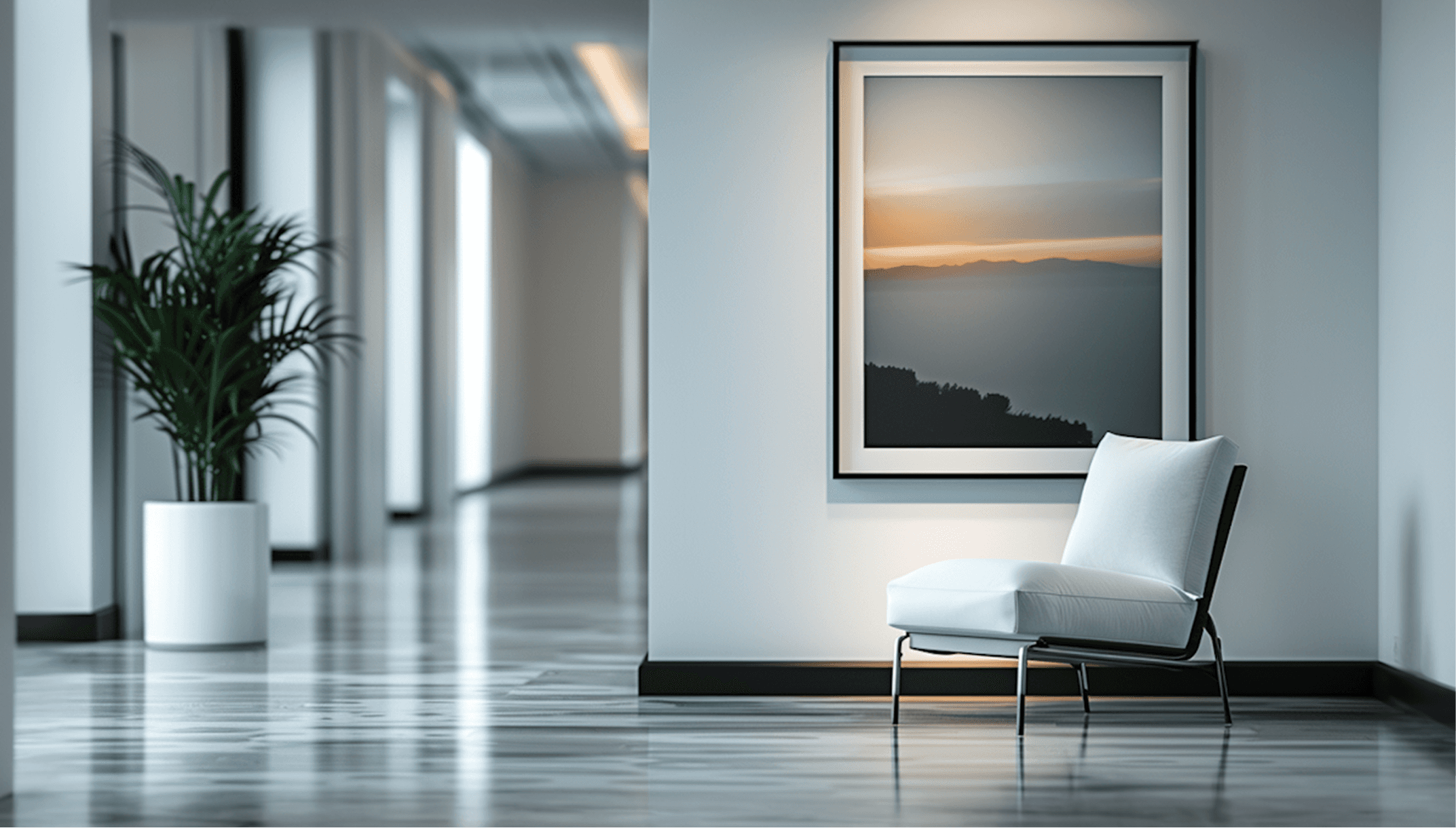 Spacious modern hallway with polished floors, tall potted palm plant