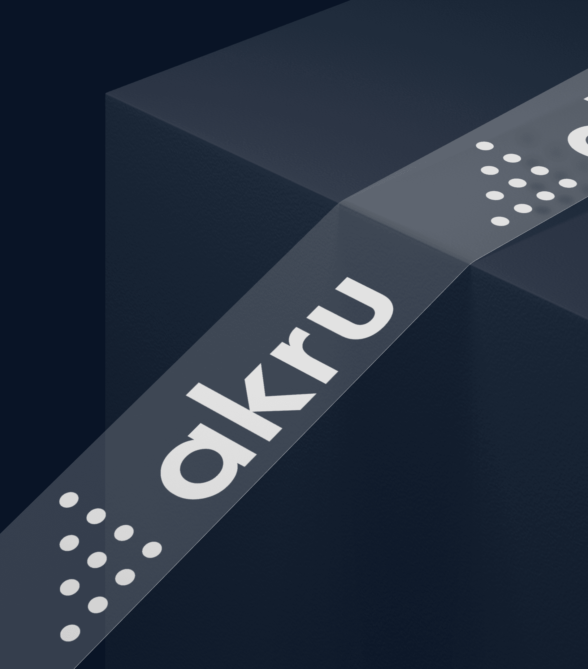 Premium packaging concept with Akru logo printed on branded tape and matte black box