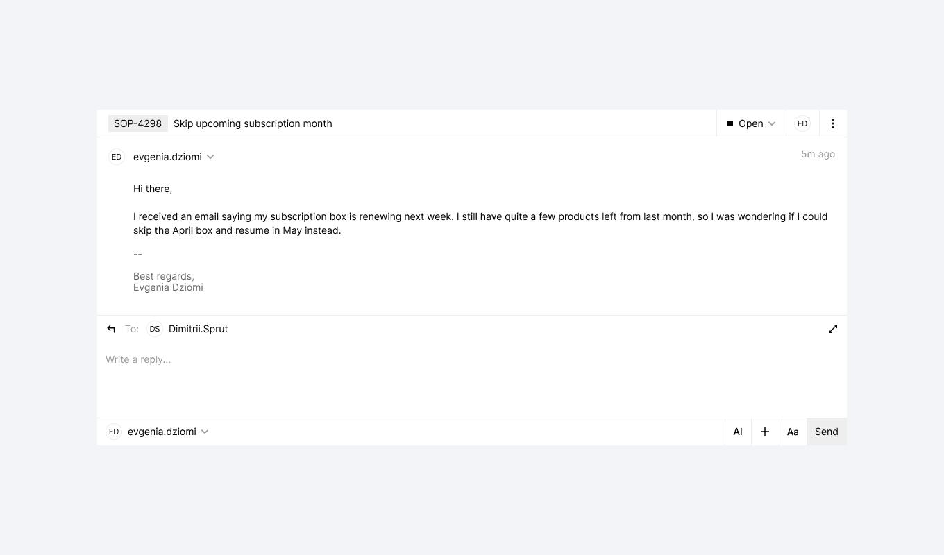 Message de support dans Bird Inbox demandant de sauter un renouvellement d'abonnement.