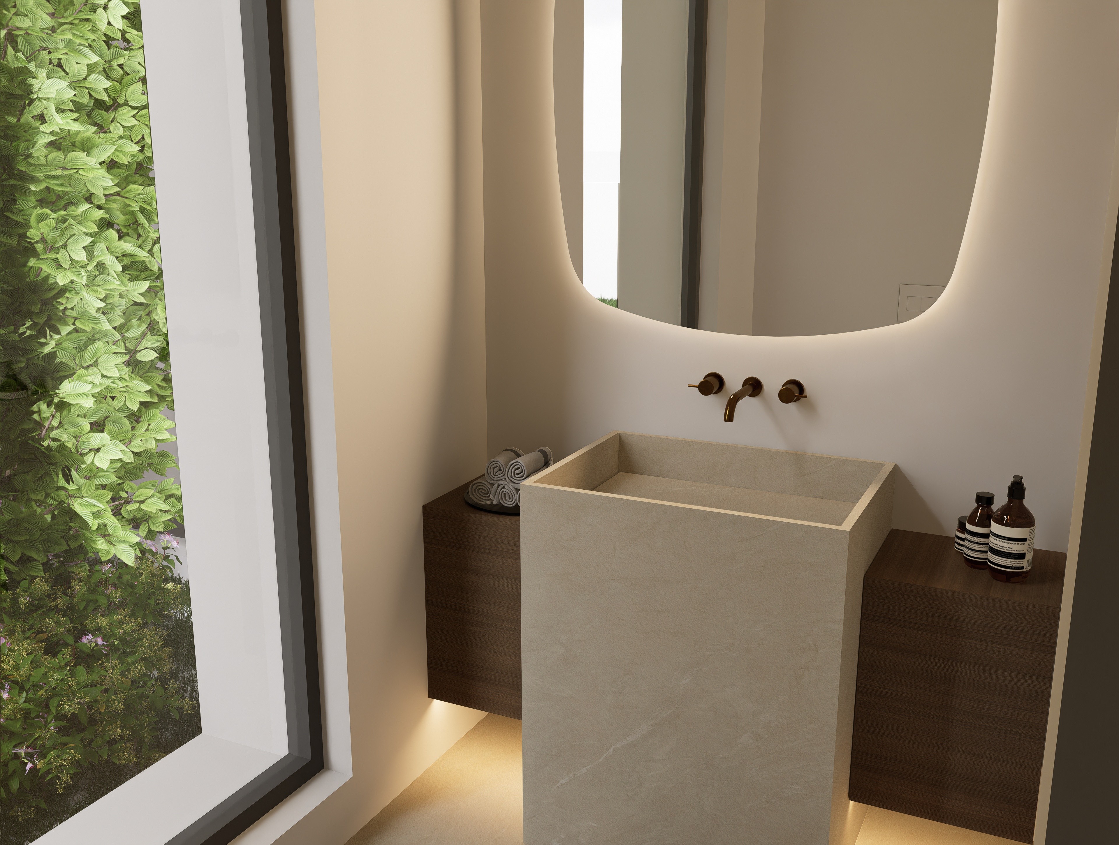 Detail of high-end sanitary ware integration and custom timber joinery, showcasing precise material transitions within a compact residential restroom by topos design studio