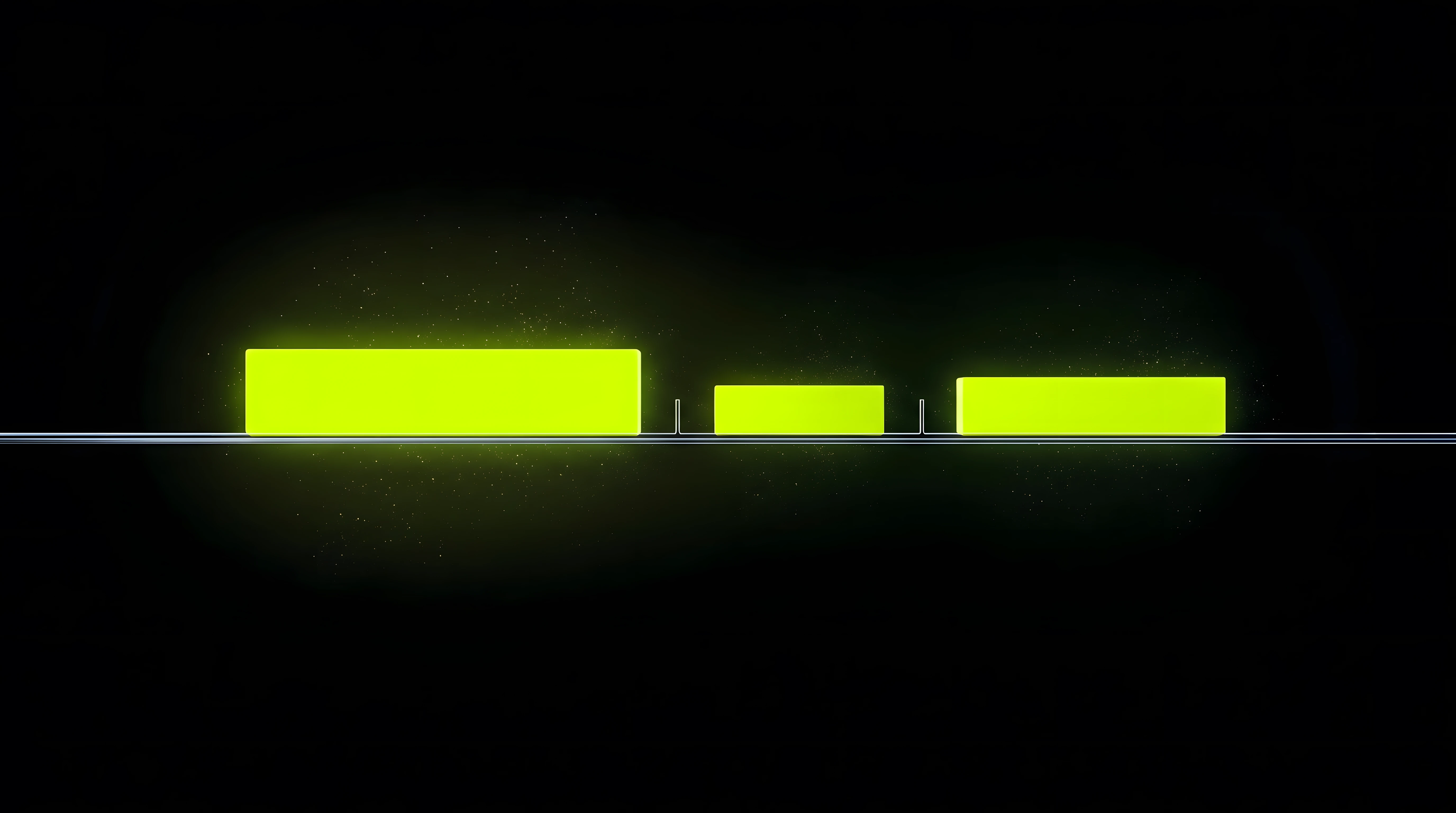 Three toxic lime segments of unequal length laid end to end along a thin liquid chrome timeline on deep void black, representing a sonic branding project split into three payment moments.