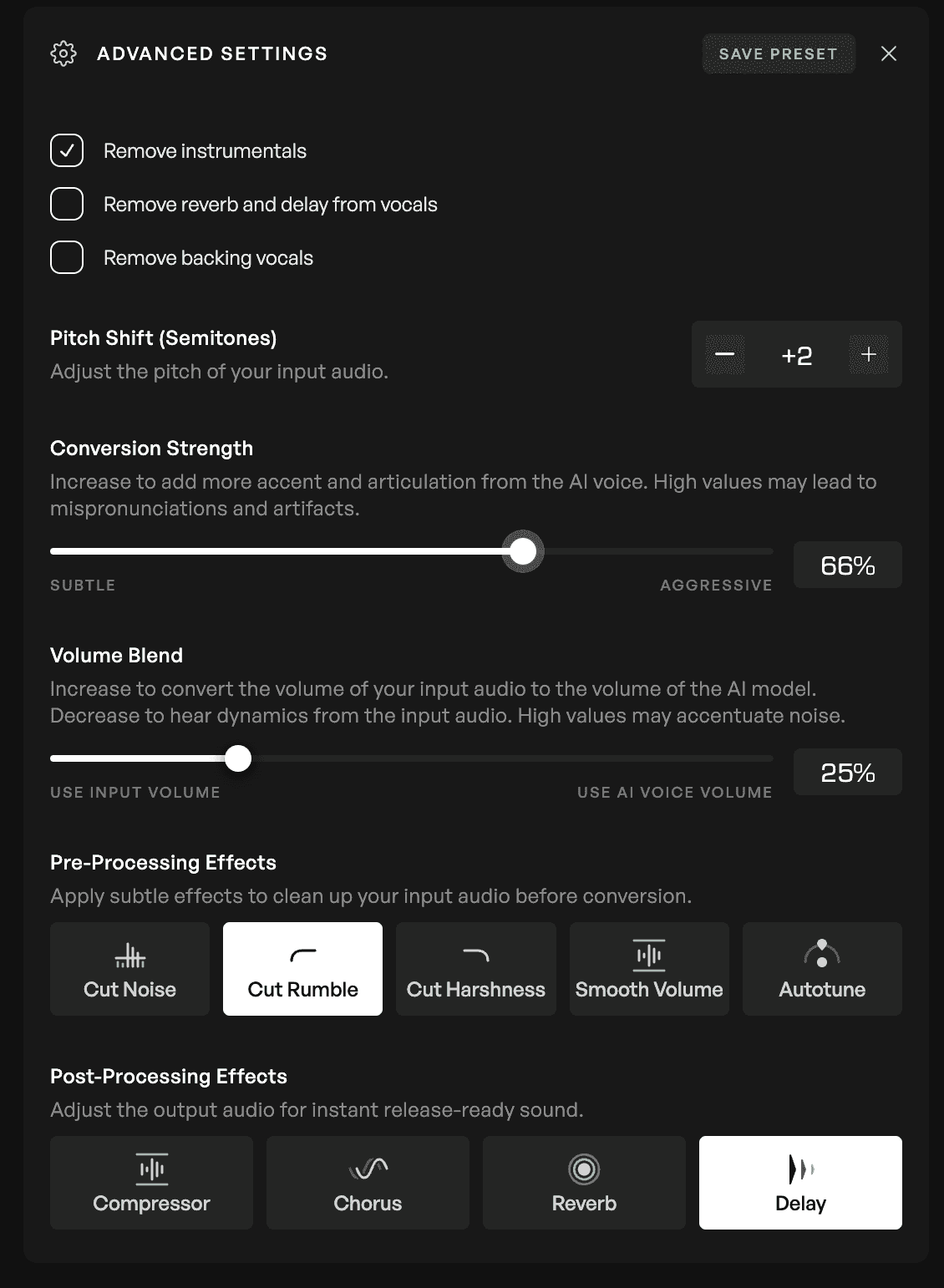 Advanced features in the Kits AI audio conversion step