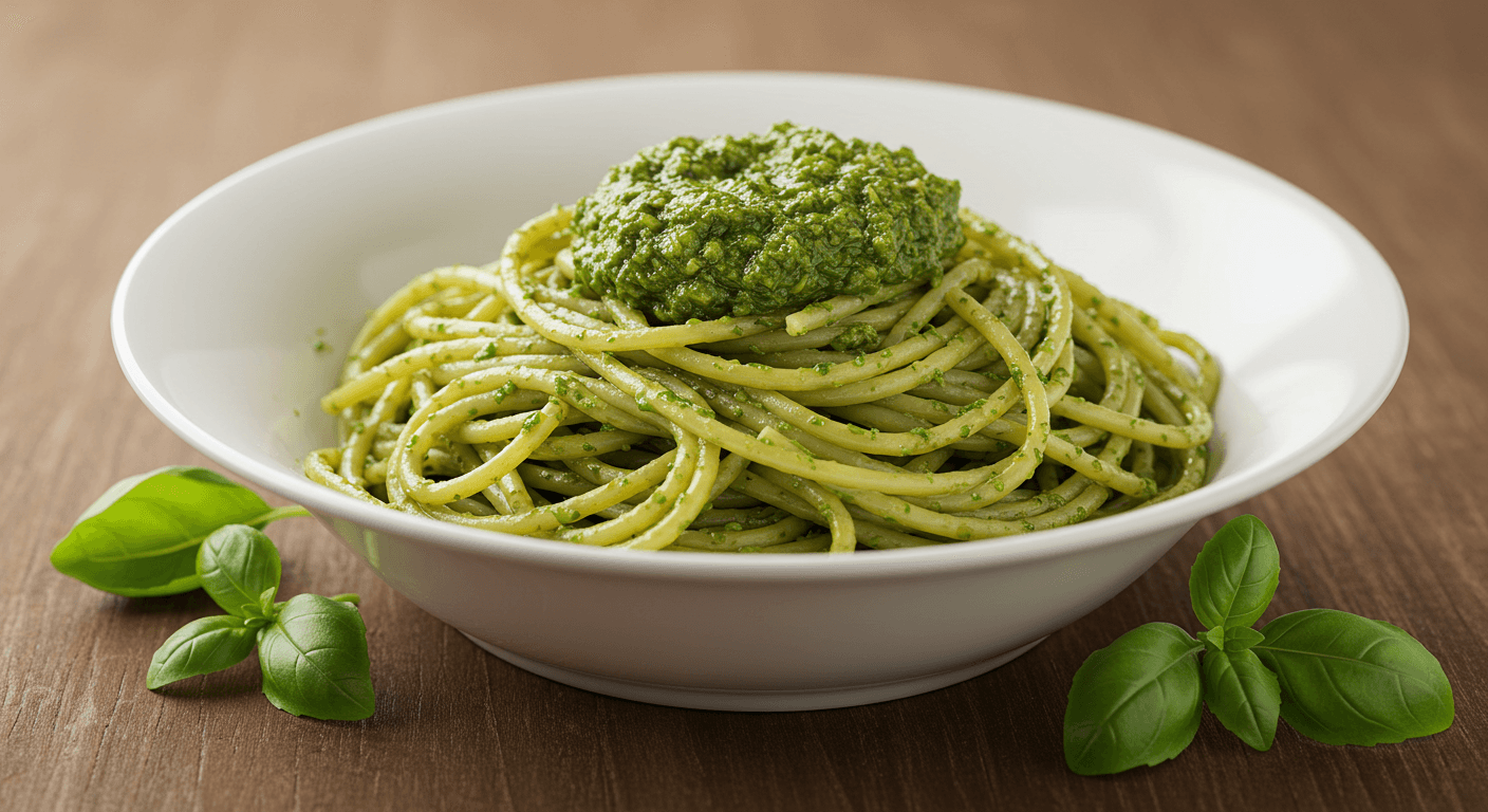 a bowl of pasta noodles with a pesto sauce