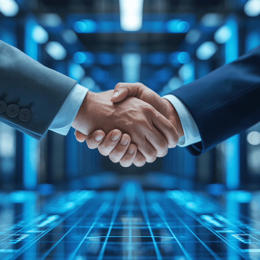 Close-up of two hands shaking over a glowing digital interface, signifying collaboration and workflow.
