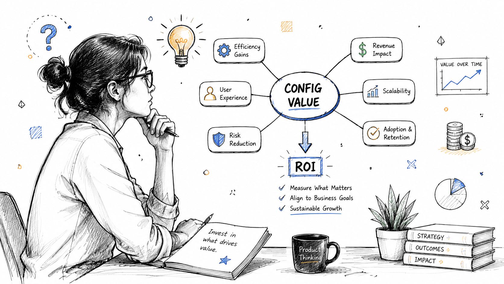 A woman sketching a mind map about configuration value and ROI on her desk next to books.
