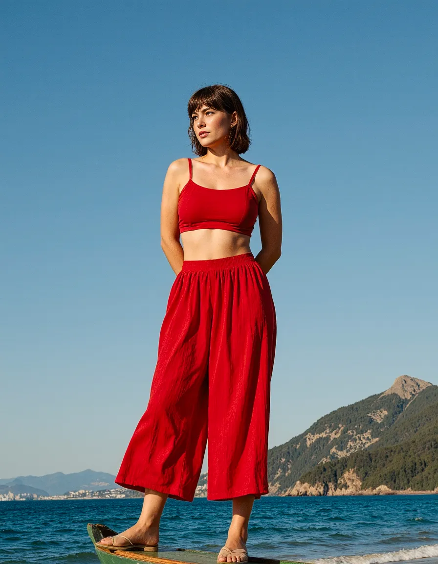 Fashion photography featuring a red two-piece outfit with flowy wide-leg pants against a beautiful coastal backdrop with mountains and blue sky