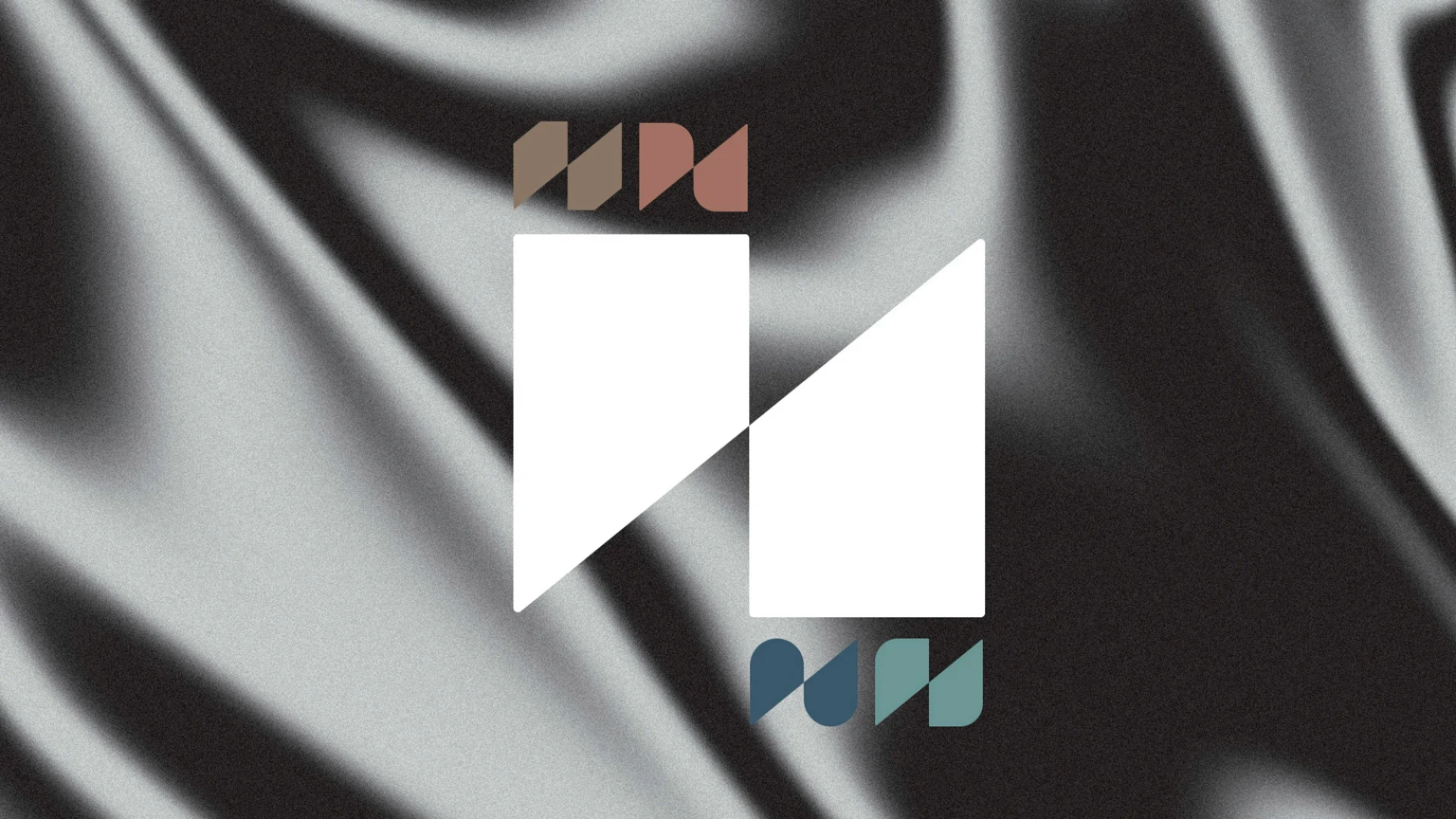 White geometric logo with colored accents on wavy gray background.