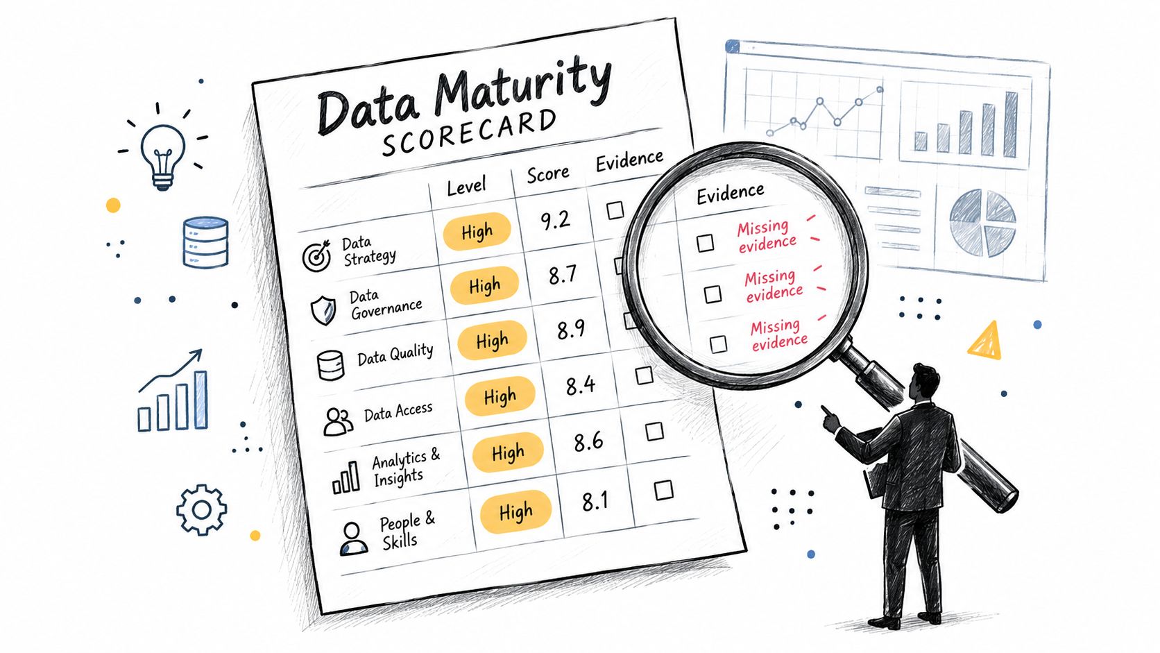 A professional analyzing a data maturity scorecard with a magnifying glass showing missing evidence in various categories.