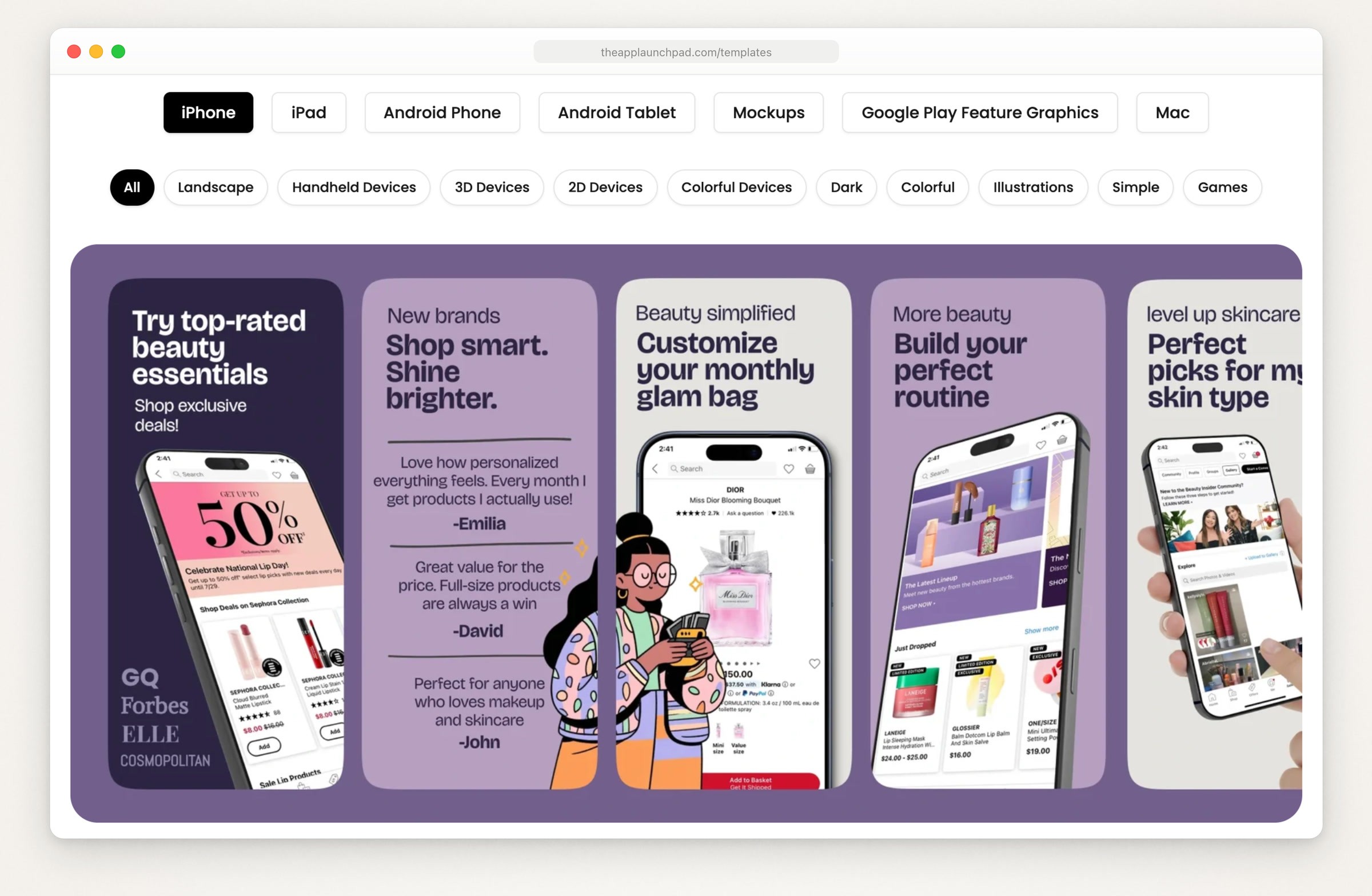 AppLaunchpad’s template gallery: tabs for iPhone, iPad, Android and Mac, style filters such as 3D Devices and Dark, and a purple beauty shopping template with headlines like Shop smart. Shine brighter.