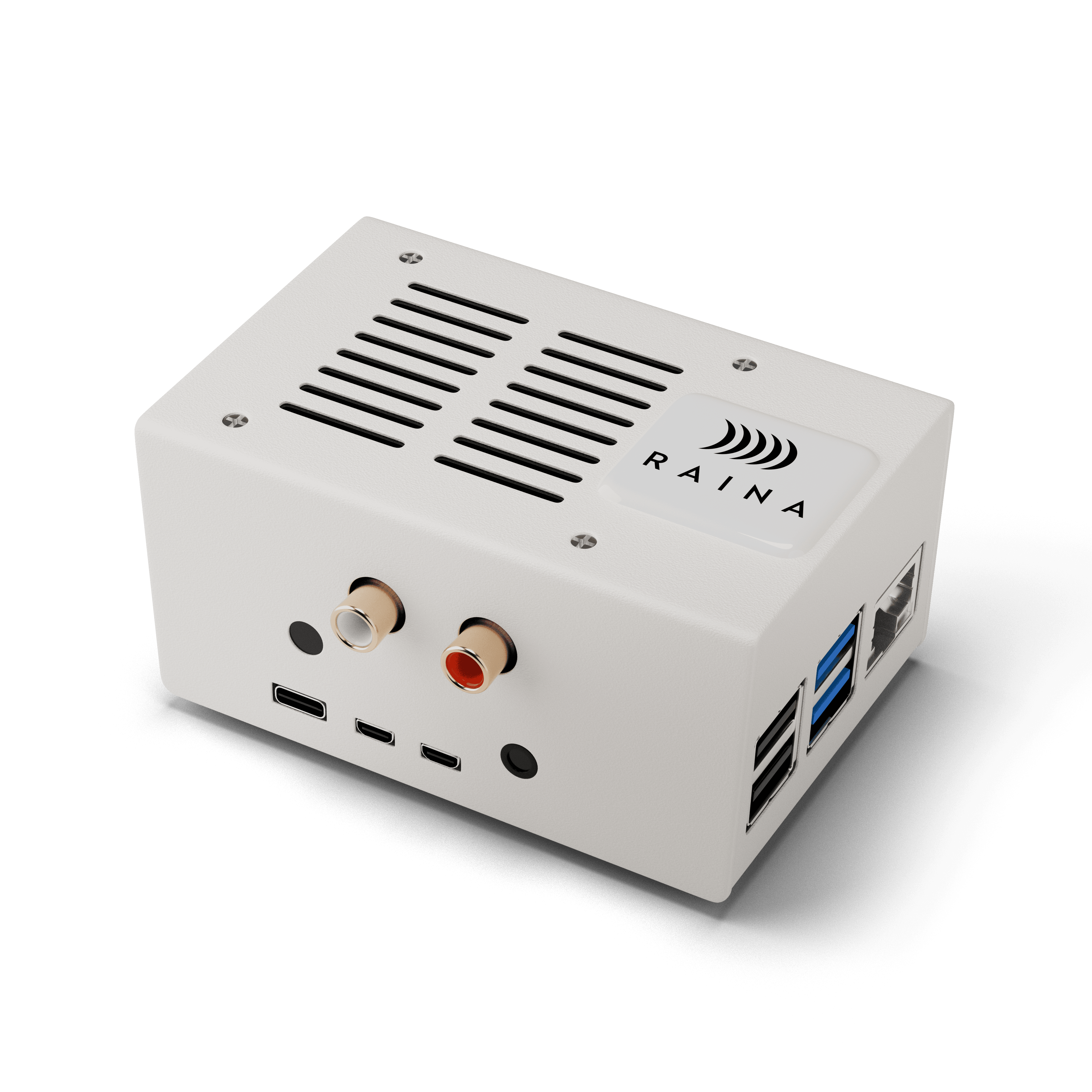 Close-up of the white Raina Player hardware box showing ventilation slots, ports