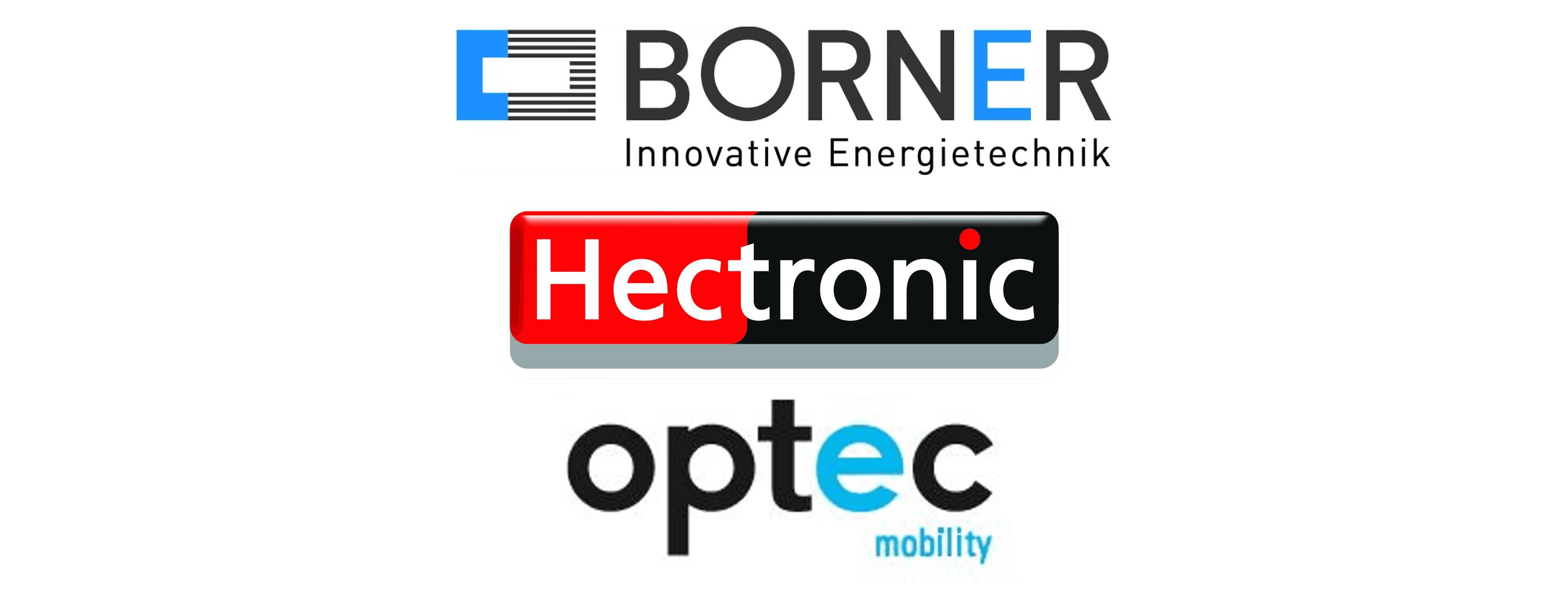 Logos de Borner Innovative Energietechnik, Hectronic et Optec Mobility avec un message de bienvenue, représentant des entreprises contribuant aux technologies énergétiques, aux solutions de stationnement et aux infrastructures de mobilité électrique en Suisse.