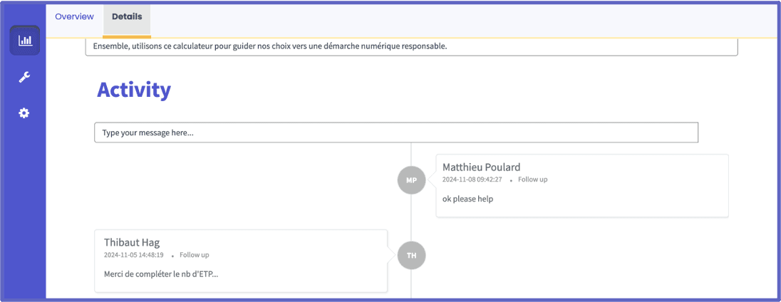 Screenshot of the “Activity” section in the Aguaro solution, showing a collaborative timeline of user comments with names, timestamps, and follow-up tags. Demonstrates traceable, asynchronous teamwork across users.