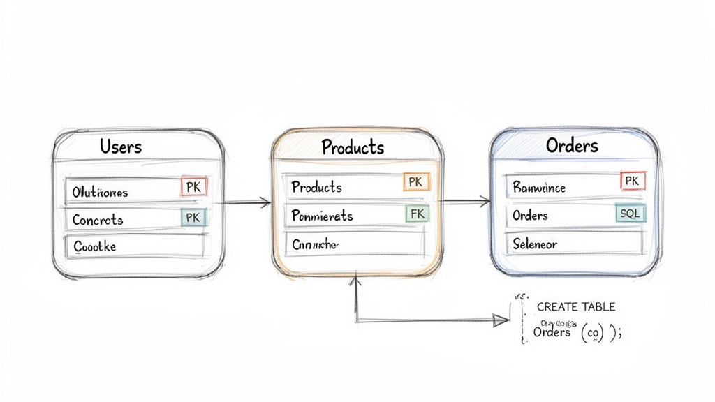 A hand-drawn database schema diagram showing Users, Products, and Orders tables with relationships and SQL statement.