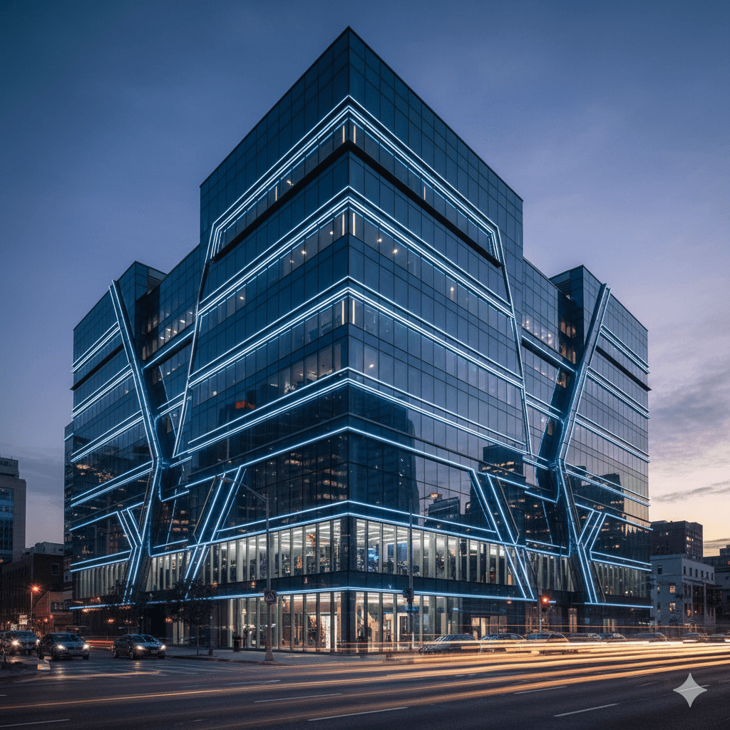 Modern architectural glass façade commercial building design Gurugram