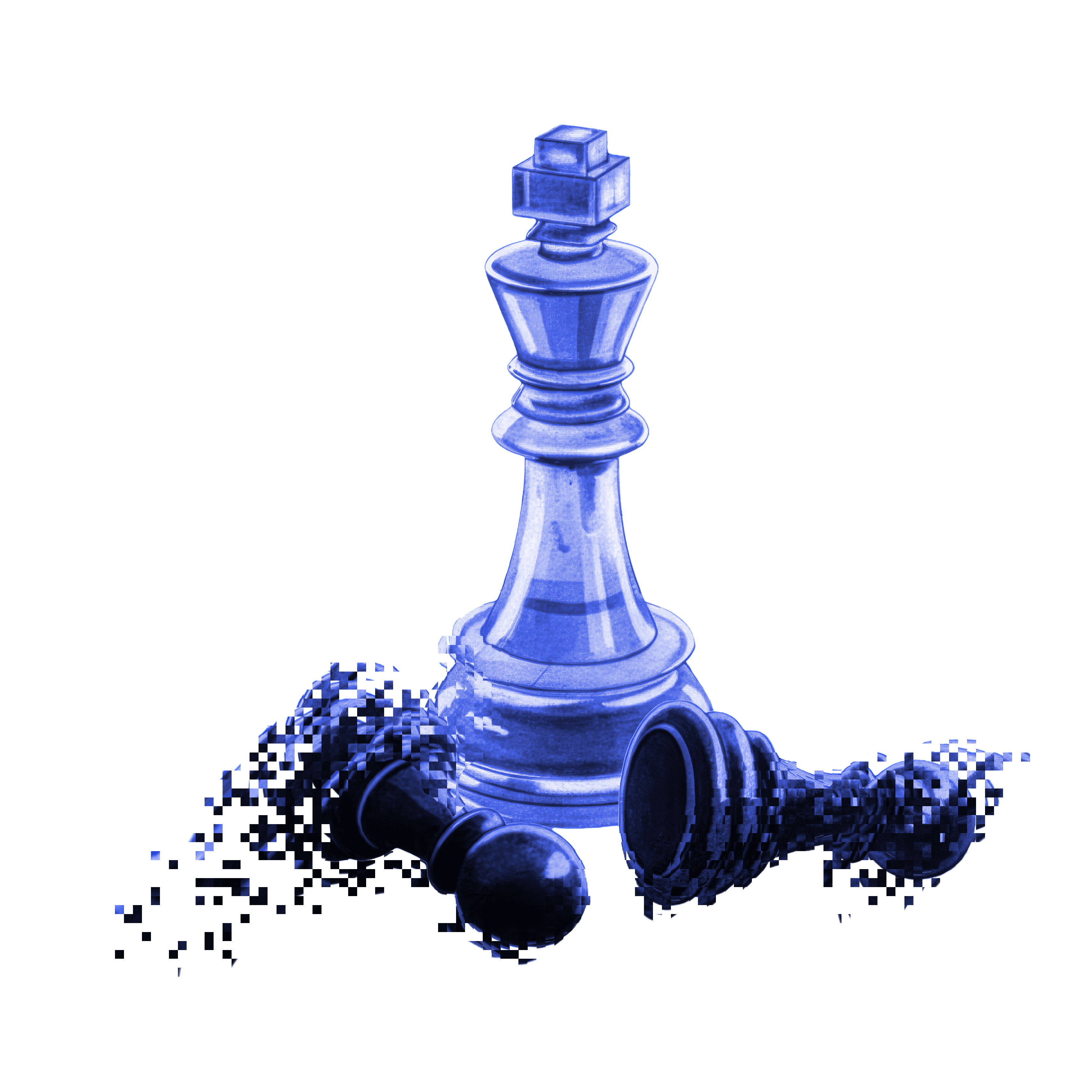 Excel strategy and logic, featuring a standing blue chess king with fallen pawns.
