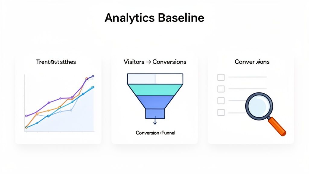 Analytics baseline dashboard showing a trend chart, conversion funnel, and conversion tracking.