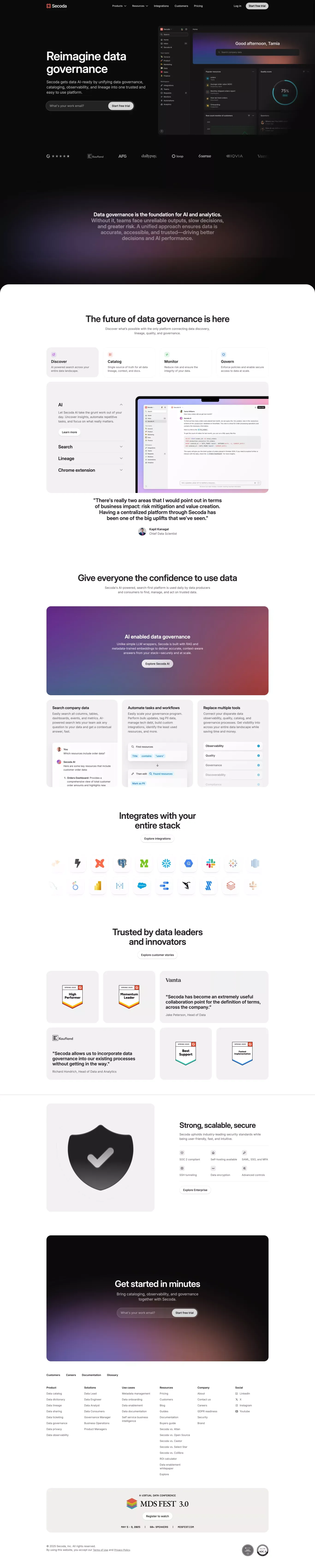 The Unified Data Governance Platform landing page screenshot showcasing AI and Tech design
