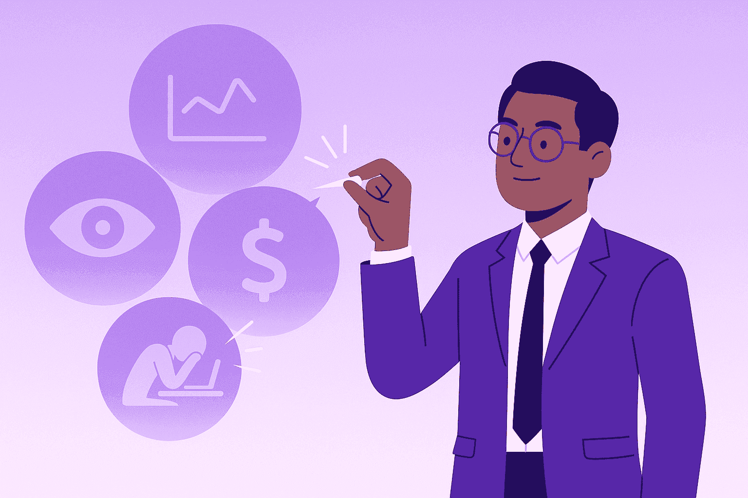 A flat-style digital illustration of a confident leader in a modern office calmly bursting symbolic “myth bubbles” representing misconceptions about time-tracking software.