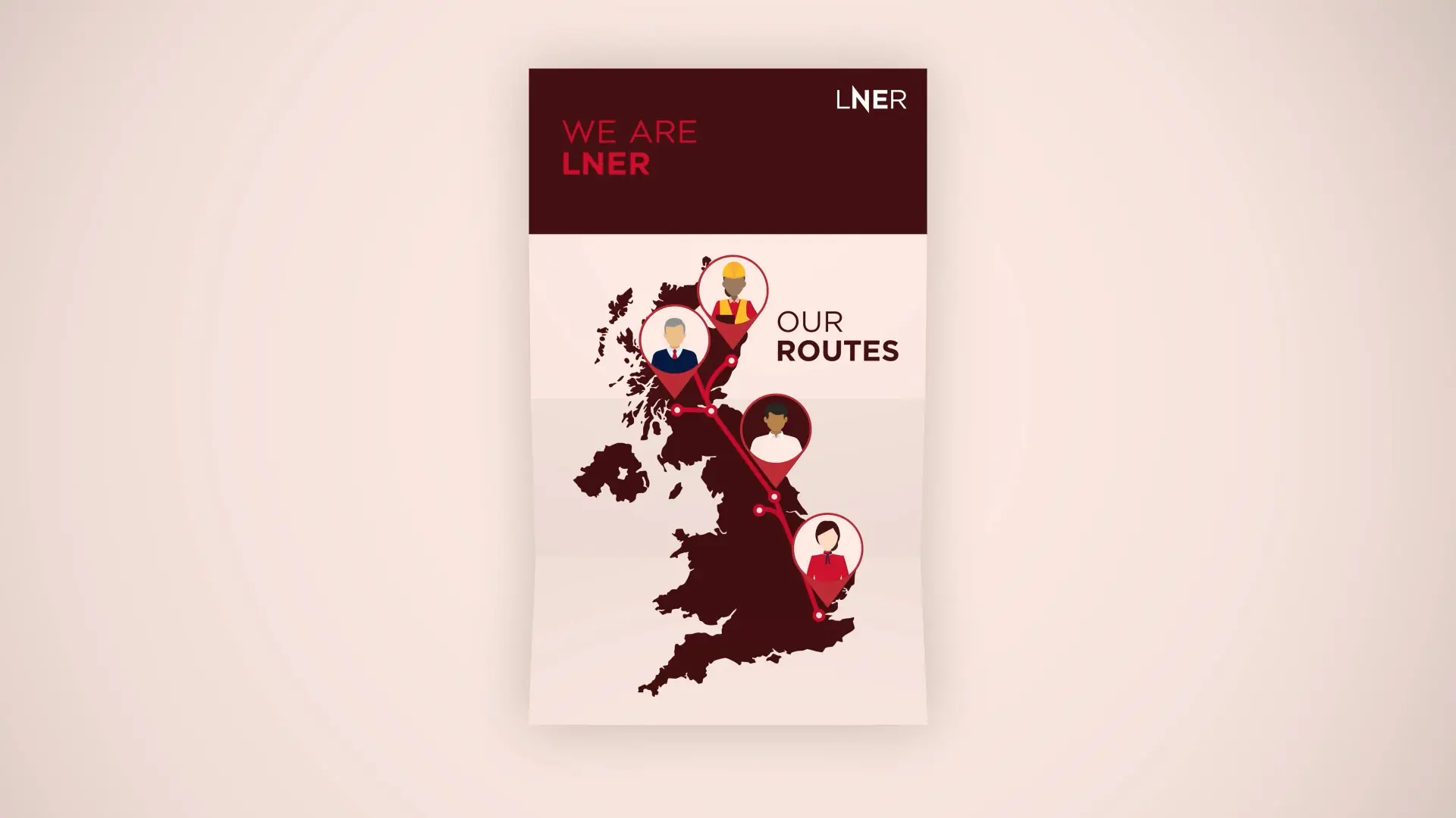 Illustration of LNER training poster showing a UK route map with illustrated colleagues representing different roles.