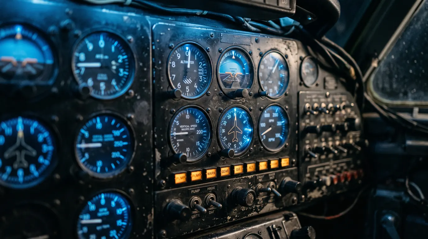Round analog gauges on an aircraft cockpit instrument panel