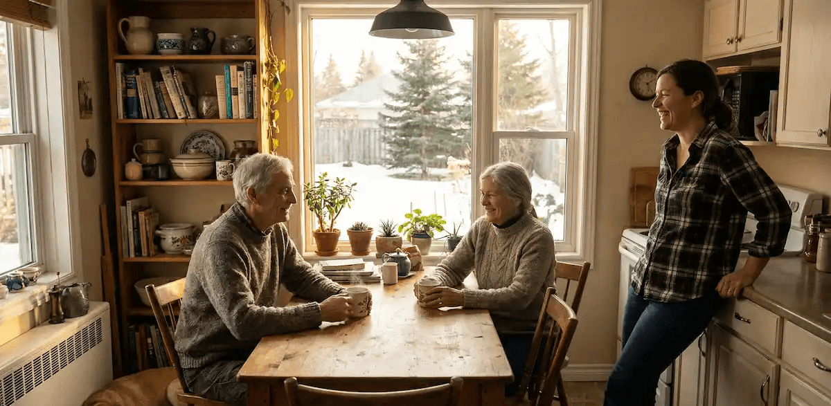 An older couple sits at a rustic wooden kitchen table holding steaming mugs, smiling warmly at their adult daughter who leans comfortably against the counter. A dog sleeps on the floor of the sunlit, cozy room, and a snowy yard is visible through the window.