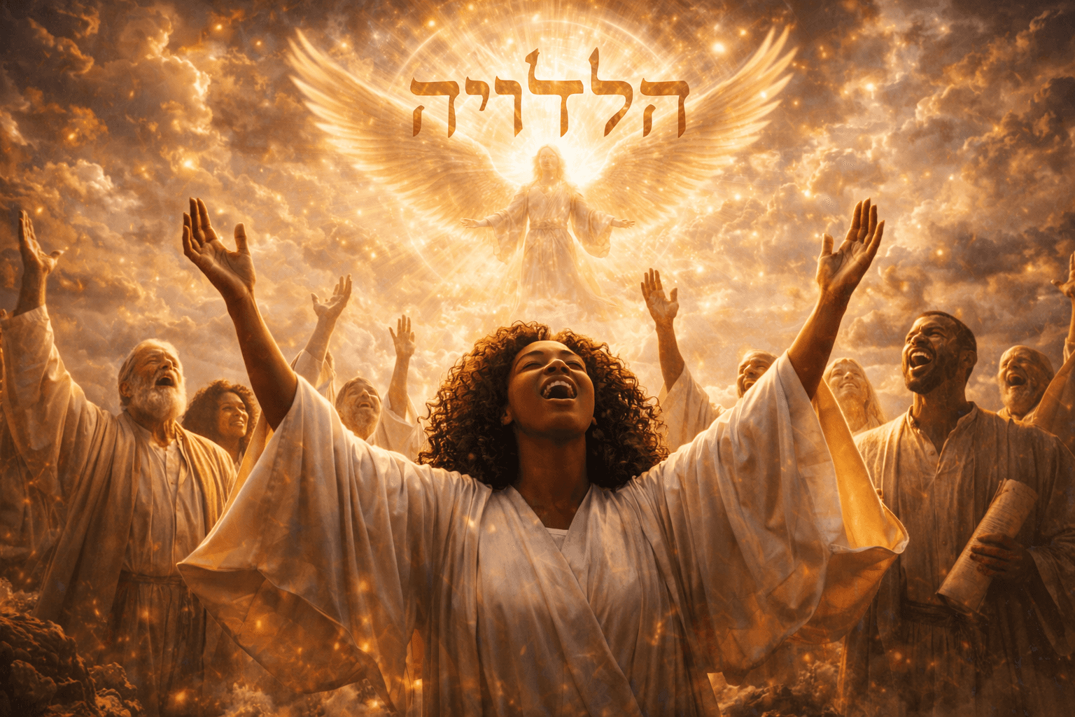 Cinematic image of people lifting their hands in worship beneath radiant light, symbolising the biblical meaning of hallelujah