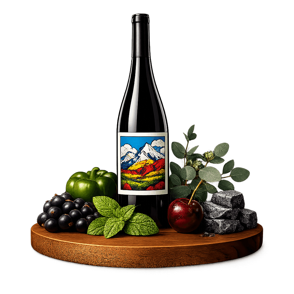 Artistic label and flavor profile for Chilean Cabernet Sauvignon on a rustic wooden table.