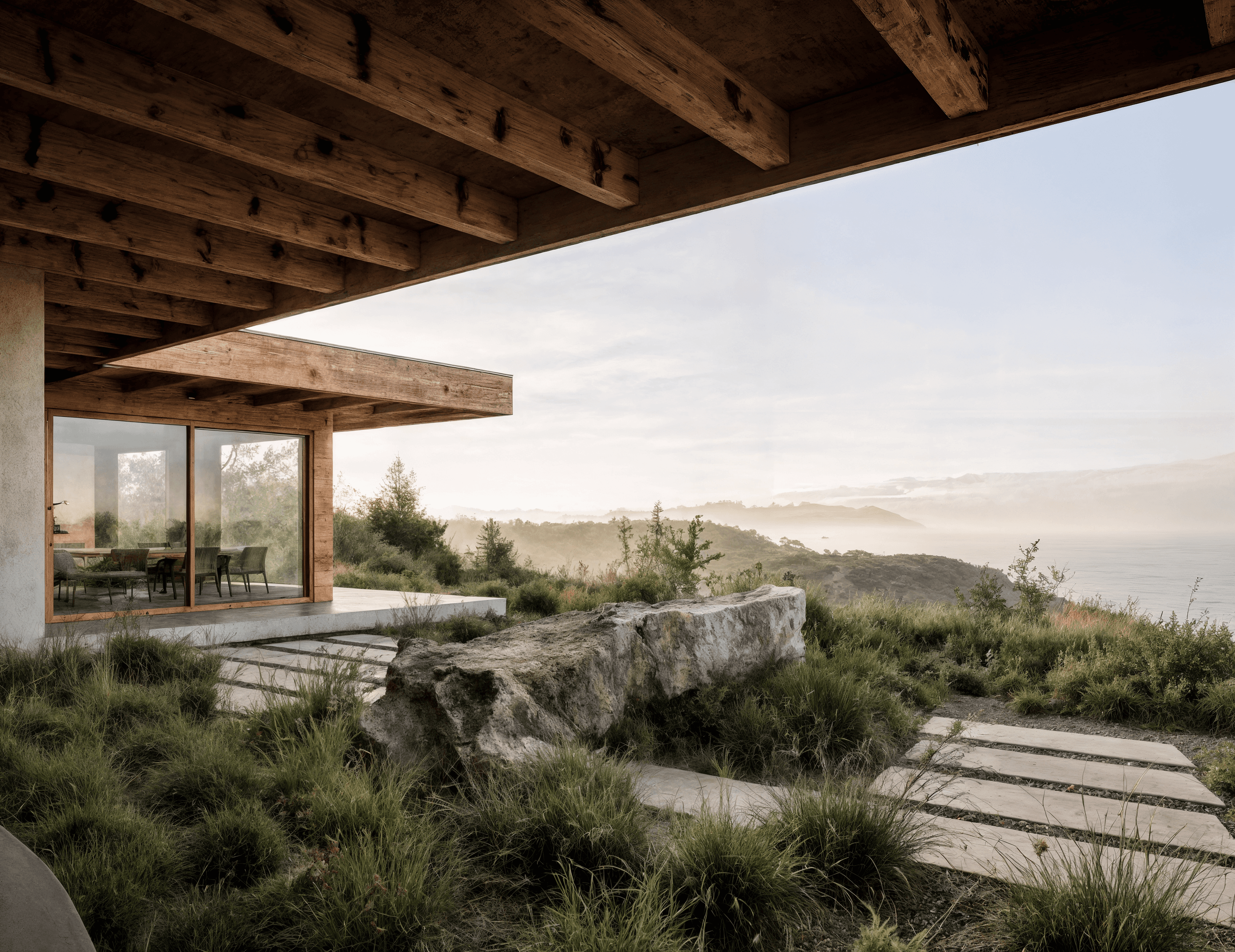 Modern hillside residence with native grasses, stone steps, and broad coastal views beneath a timber roof.