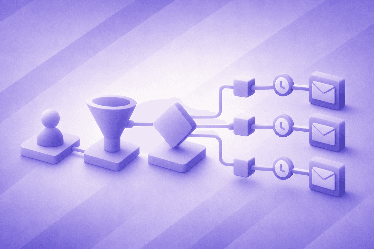 A clean, modern illustration of an automated email workflow pipeline: a series of connected nodes and arrows flowing left to right, showing a lead entering a funnel, passing through routing logic branches, and triggering a sequence of timed email sends, rendered in a flat design style with soft blues and purples on a white background, no text or labels