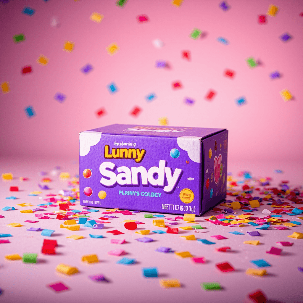 product photography of a box of candy or snack with a playful design, primarily in purple color
