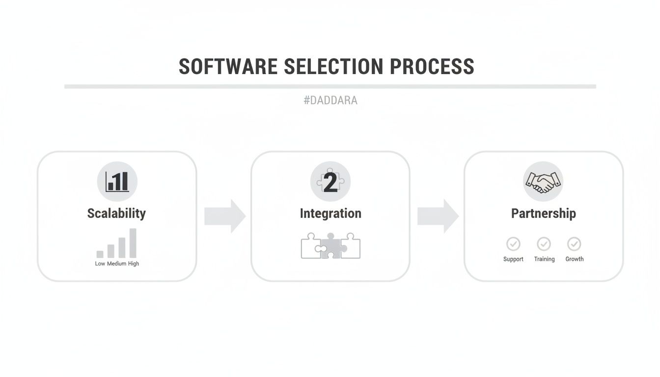 Software selection process showing three key steps: scalability, integration, and partnership.