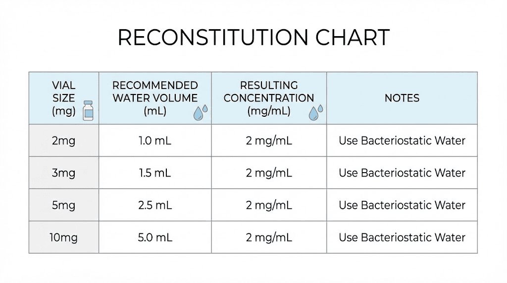 Semaglutide reconstitution chart for all vial sizes with bacteriostatic water ratios
