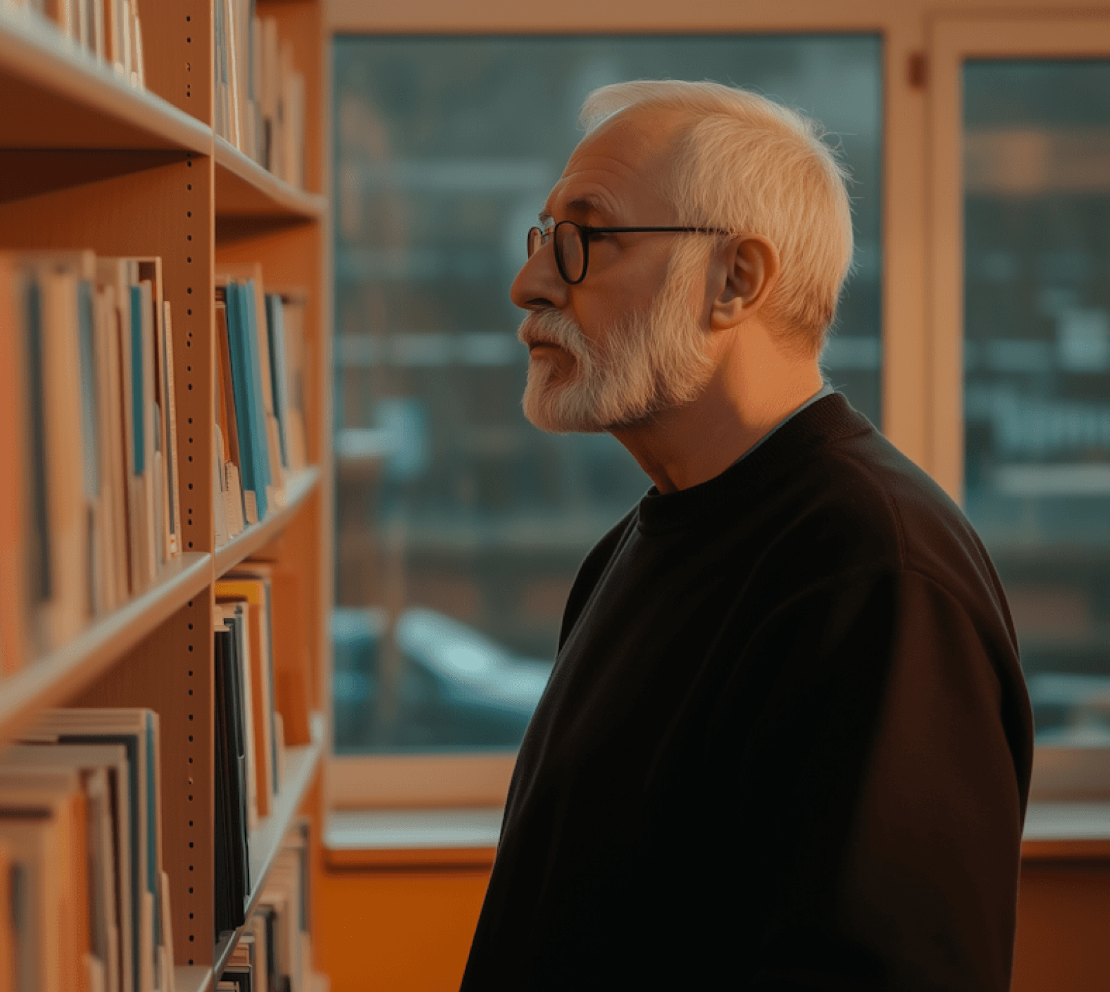 An elderly man with a white beard and glasses examines a bookshelf lined with books in a warmly lit library, with large windows providing a soft glow from outside.