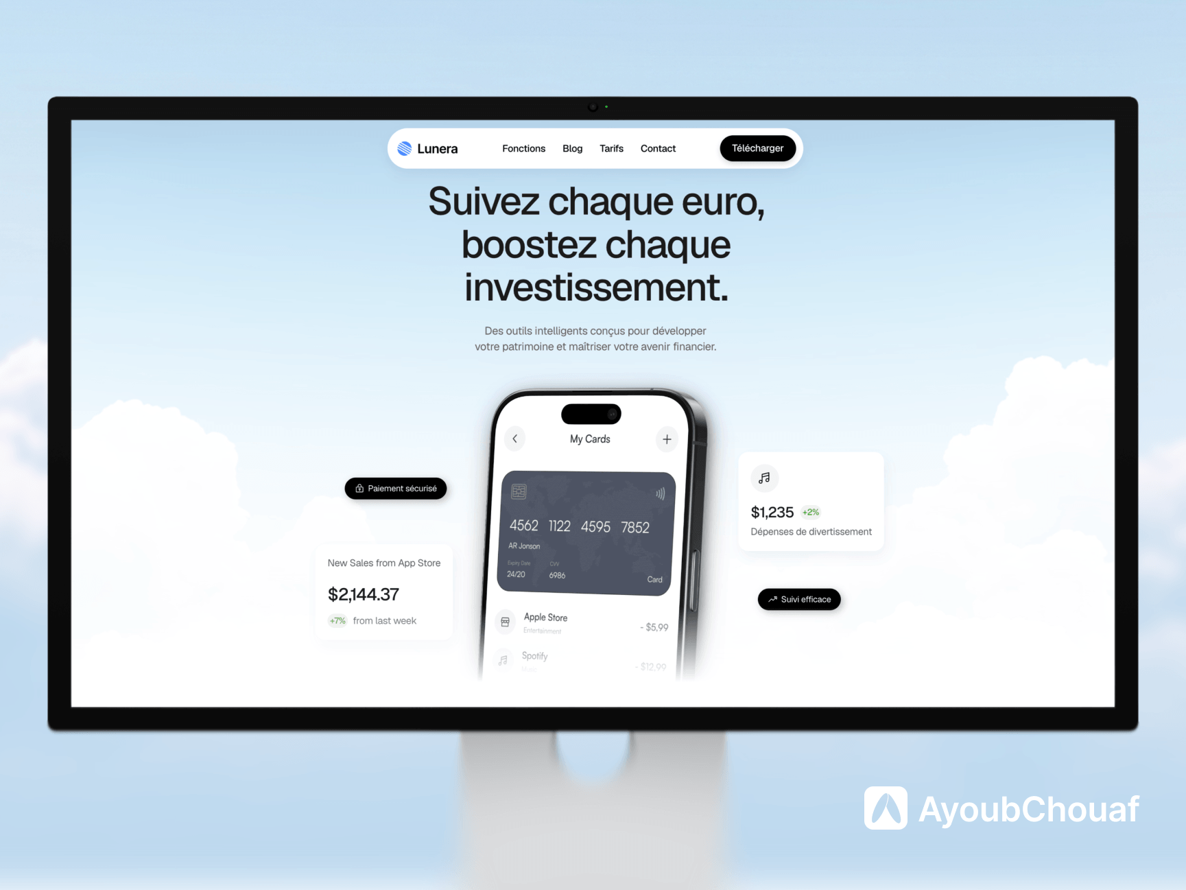 Mockup d'un écran d'ordinateur présentant la page d'accueil du projet Lunera, une interface SaaS financière créée par Ayoub Chouaf, webdesigner freelance à Blois.