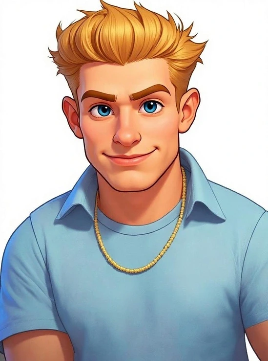 Anime-style AI self portrait of boy in blue shirt