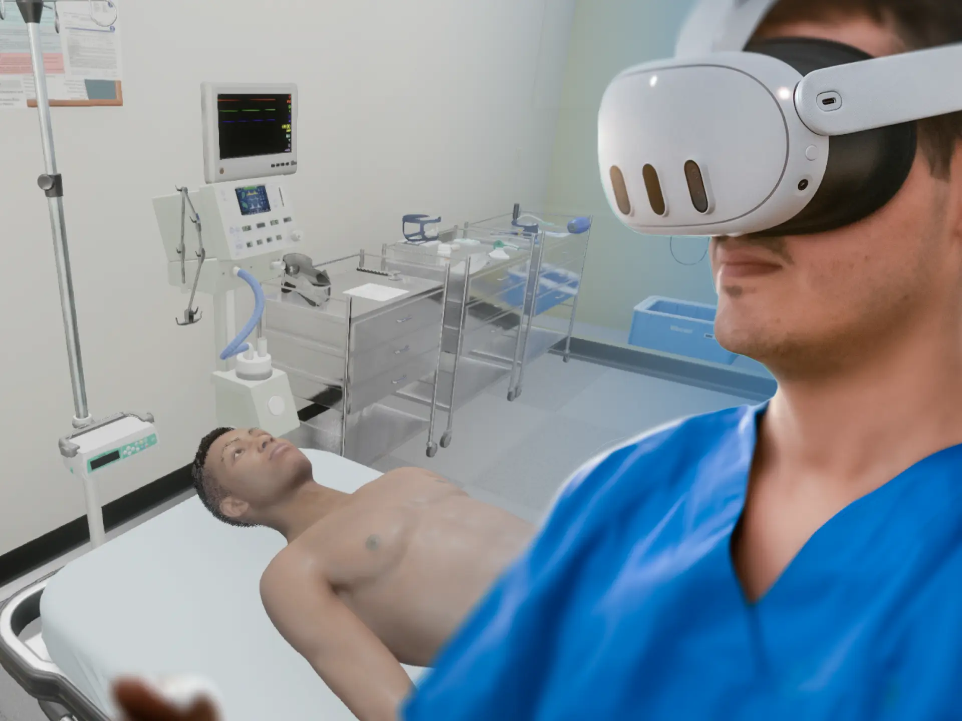 A clinician wearing a vr headset and visual of virtual emergency room
