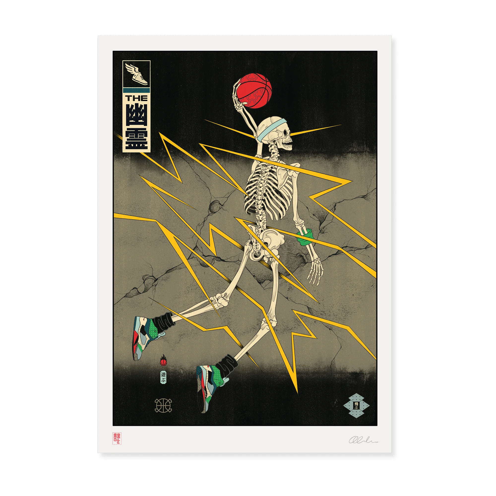 The Ghost by Andrew Archer – surreal Ukiyo-e inspired skeleton basketball artwork featuring a skeletal player carrying a basketball through lightning, merging street basketball and Japanese folklore.