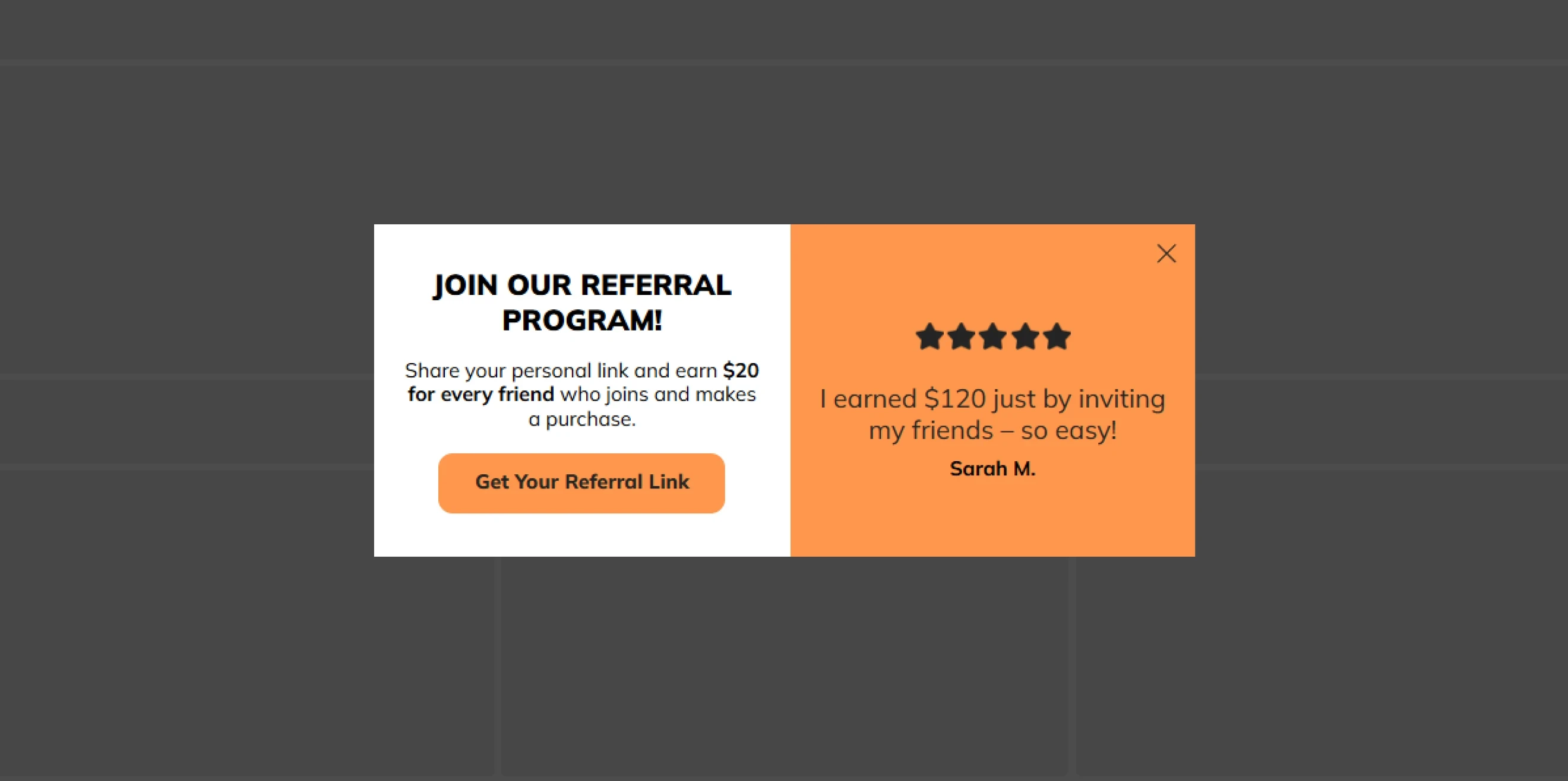 Claspo popup template that invites to join a referral program