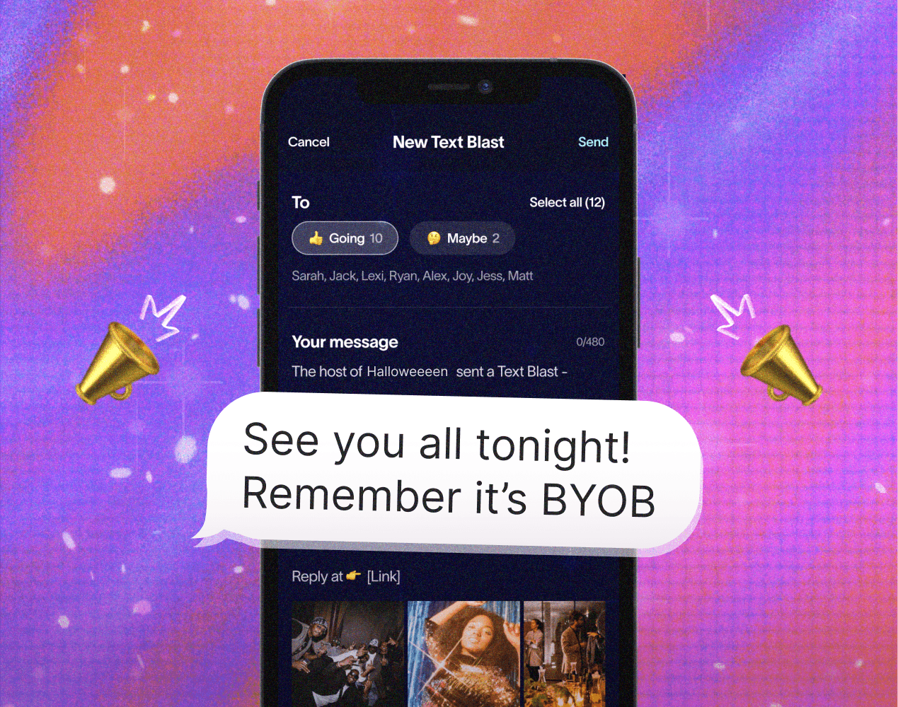 Text blast on phone with football field background 