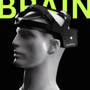 Person wearing a VR headset with the text 'BRAIN' in the background, promoting Neuphony, a Shark Tank India brand.