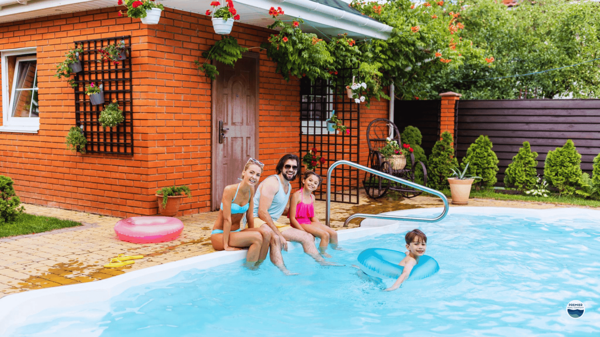 Family enjoying clean backyard pool after liner replacement