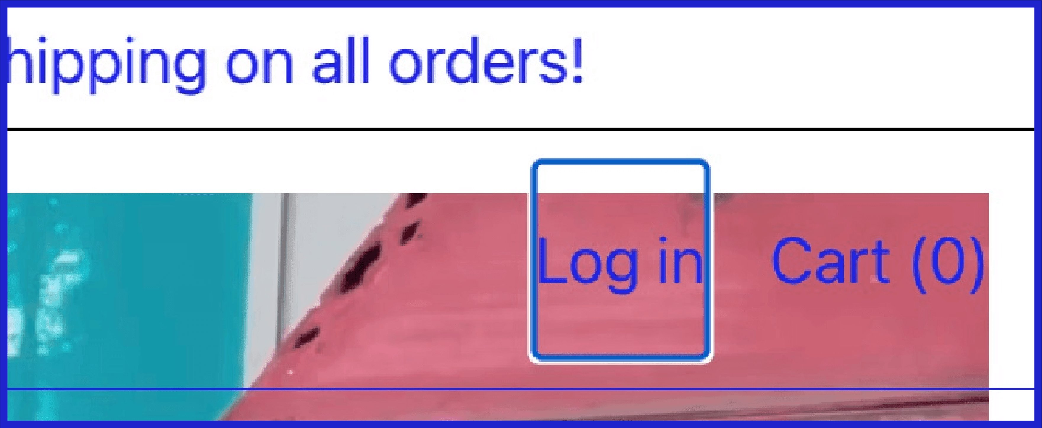 Screenshot of the keyboard focus indicator working properly on the header of Lortush.com. It is focused on the “Log-in” link, which means it has a blue/white rectangle around it