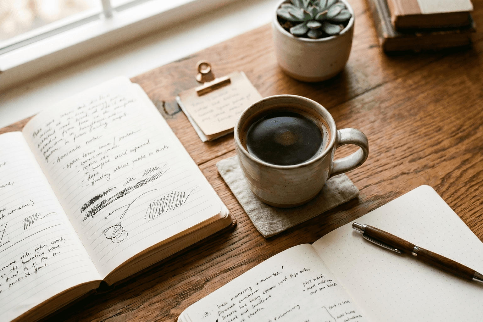 A close-up of a coffee cup and notebook, suggesting thoughtful reflection on professional practice