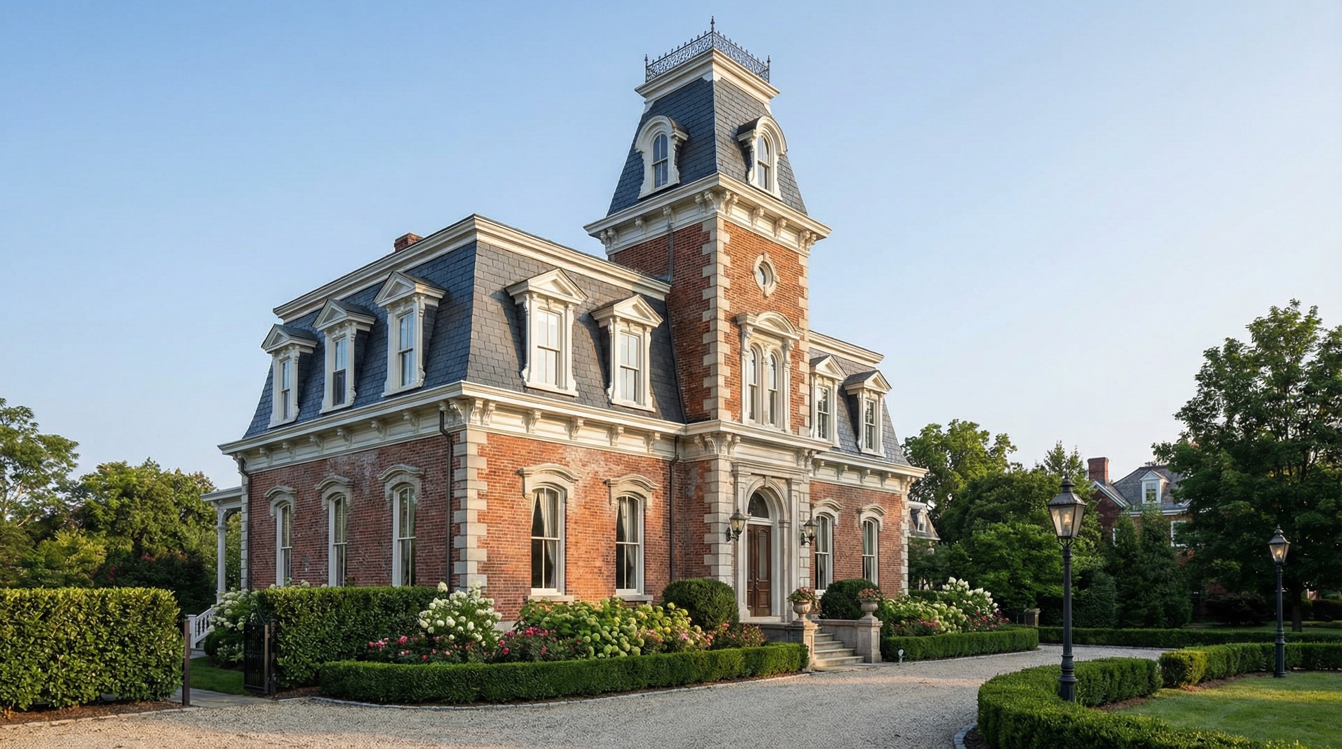 Brick Victorian mansion with tower, dormers, and manicured landscaping under a blue sky.