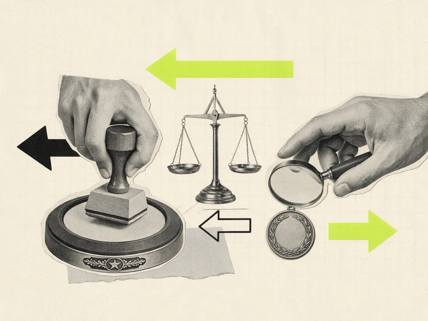 Colagem vintage: mão carimbando um cartão, balança e lupa sobre uma medalha, o selo de especialista em Framer