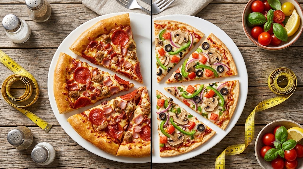 A horizontal split-screen comparison showing a pepperoni pizza on the left and a veggie-loaded thin-crust pizza on the right, with tape measures and fresh ingredients, illustrating healthy vs. unhealthy diet choices.